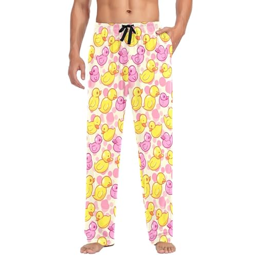 Men's Yellow Pink Ducks Pajama Pants with Pockets - Straight Fit Cotton Sleep Bottoms for Lounge & Nightwear#970