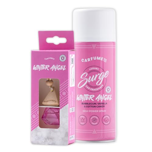 Carfume Winter Angel Car Air Freshener Twin Pack | Limited Edition Scent | Bubblegum Vanilla & Cotton Candy Fragrance - Diffuser & Surge Can Bundle - Luxury Pink Car Accessory Gift For Women