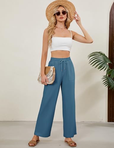 Women Summer Wide Leg Linen Pants Casual Palazzo Pant Cotton Lounge Beach Trousers with Pockets2
