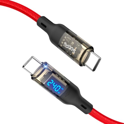 Image of SOOPII USB C to USB C Cable [240W 10ft],Fast Charging USB C Cable with LED Display for MacBook Pro,lPhone16 /15 /15Pro /15ProMax,Galaxy S23+ /S23 Ultra /S22 Ultra,etc.,Transparent Shell,(Red)