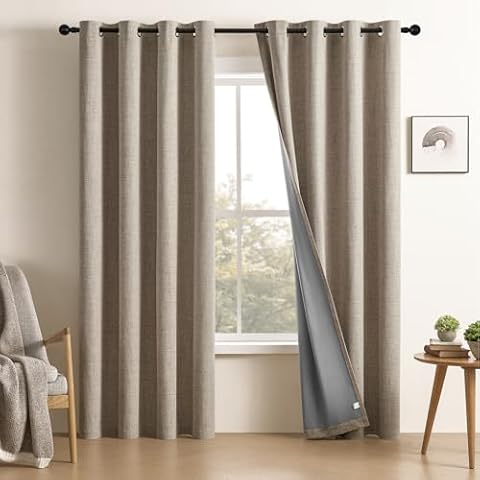 CUCRAF Full Blackout Window Curtains 84 inches Long,Faux Linen Look Thermal Insulated Grommet Drapes Panels for Bedroom Living Room,Set of 2(52 x 84 inches, Light Khaki) Cover