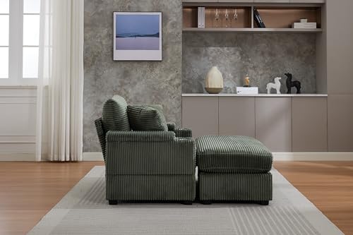 Image of 50 inch Corduroy Upholstered Chaise Lounge Chair Indoor, Modern Lazy Sofa with Storage Armrest, Sleeper Couch with Cup Holders for Living Room, Dark Green