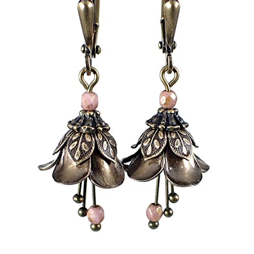Vintage Style Dusty Pink Czech Glass And Brass Metal Flower Dangle Lever Back Earrings #TOP5