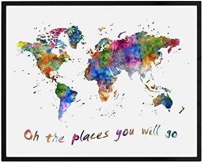 ZEARPT Oh The Places You Will Go Wall Art 8x10 Inch, Watercolor World Map Nursery Print, Inspirational Travel Quote Poster for Kids Room Classroom Playroom Decor, Unframed