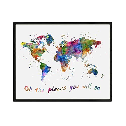 ZEARPT Oh The Places You Will Go Wall Art 8x10 Inch, Watercolor World Map Nursery Print, Inspirational Travel Quote Poster for Kids Room Classroom Playroom Decor, Unframed