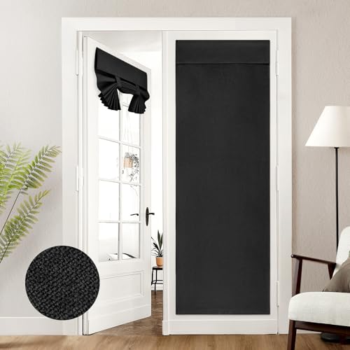HOMEIDEAS 100% Black Linen Blackout French Door Curtains, Privacy Door