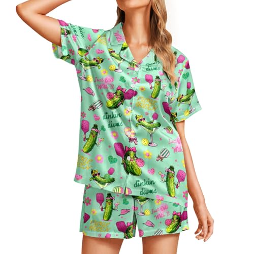 Image of Funny Pajamas for Women Set Print Satin Loungewear Pjs Short Sleeve Button Down Top and Shorts Sets Sleepwear XS-3XL