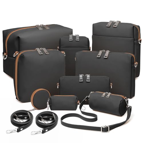 Joyway 10PCS Travel Makeup Bag Set, Large Capacity Cosmetic Bags for Women Girls, Waterproof Portable Toiletry Bag Organizer Make up Bag, Can be fitted with suspenders(Black)