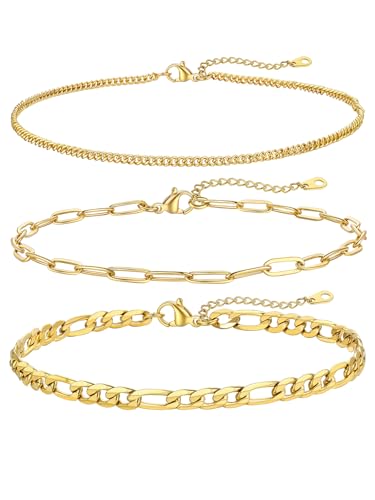 Image of FOCALOOK Anklet Bracelets Set for Women, 14K Gold Plated Waterproof Cuban Link Chain Layered Anklets Set for Plus Size Ankle 8-10.5 Inch Adjustable Summer Beach Jewelry Gift