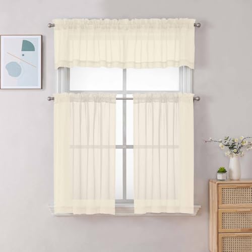 Image of Chyhomenyc Sheer Cream Valances for Windows 2 Pack, Small Window Curtains for Living Room Bathroom Cafe Laundry Basement, Modern Top Dual Rod Pocket Voile Curtain, 42W x 18L inches, Cream