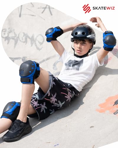 Image of SKATEWIZ Kids Knee Pads and Elbow Pads Set - Wrist Guards for Skateboarding - Smash - Size M /L Blue Black - Skating Protective Gear, Roller Skates, Skateboard - Ice Skating Kids