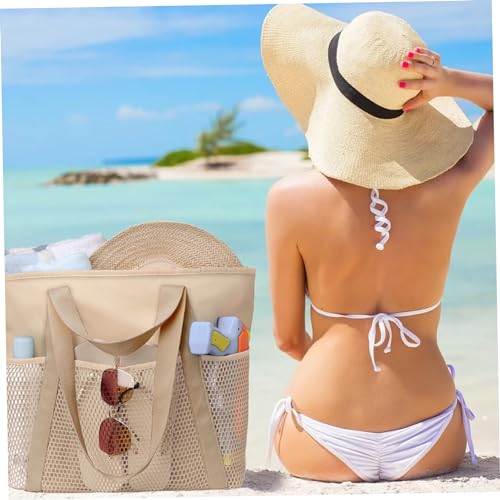 Large Beach Bag, Beach Bags Waterproof Sandproof Large Capacity Tote Bag with Mesh Pocket Zipper Closure Machine Washable Casual Tote for Summer Outdoor, Beige2