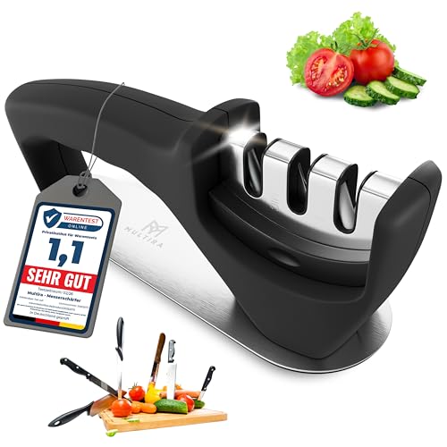 Multira Messerschärfer [TESTSIEGER]|3-Stufen Schärfsystem für Küchenmesser, Stahl- und Keramikklingen|rutschfeste Bodenplatte|für Haushalt und Profis|Schärfkopf herausnehmbar|ergonomischer Griff|