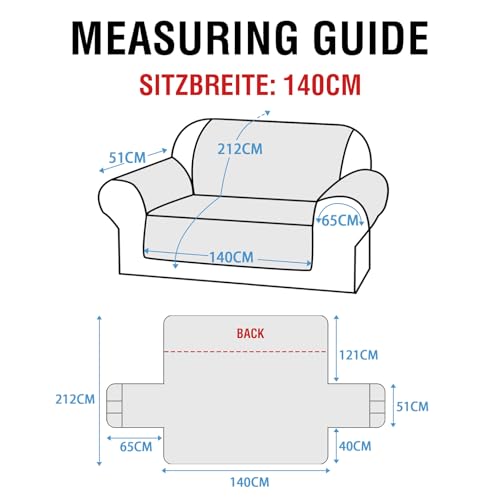 BellaHills Wasserdicht Sofaüberzug Übergröße 2 Sitzer (51x140cm), Waschbar Sofaüberwurf für Kinder, Weicher Möbelschutz Couchbezug mit Gummiband, Grau
