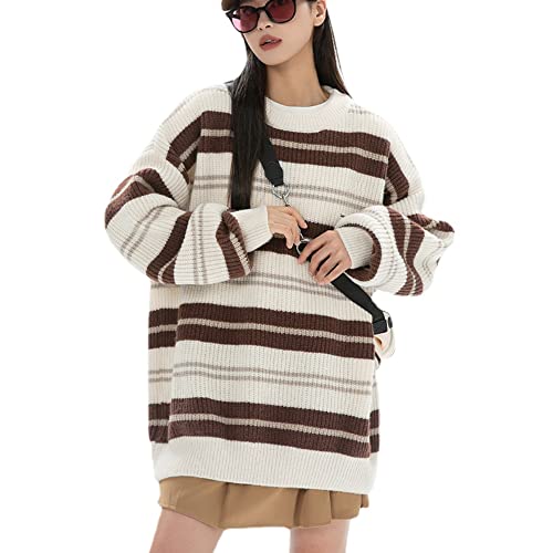 Y2K Strip Knit Sweater Fairy Grunge Hip Hop Oversized Streetwear Pullover Harajuku Aesthetic Streetwear Fairycore Tops (Beige,M)