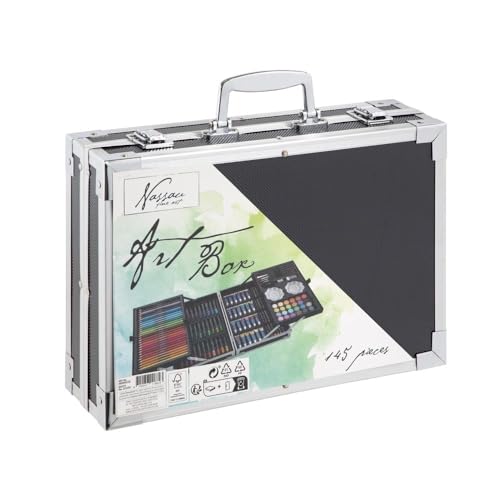 Nassau Fine Art Malkoffer | 145-teiliger Kunstzeichenkasten in Metall-Aufbewahrungsbox| Kreativitätsbox für Kinder und Erwachsene | Buntstifte, Aquarellfarben, Pastellkreiden | Hobby, Schule & Beruf