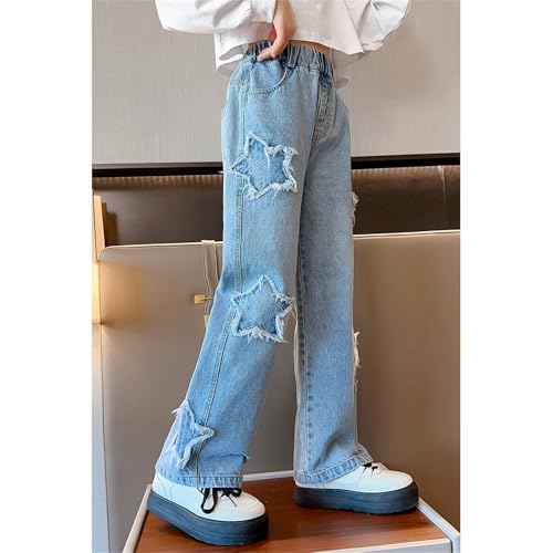 Girls Star Print Distressed Denim Pants Elastic Waist Baggy Wide Leg Jeans Ripped Causal Straight Denim Trousers3