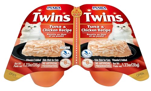Image of INABA Twins for Cats, Grain-Free Shredded Chicken & Broth Gelee Side Dish Cups, Tuna & Chicken Recipe, 1.23 Ounces per Serving, 19.68 Ounces Total 1 Count (Pack of 32)