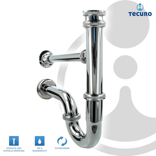tecuro - Röhrengeruchsverschluss Siphon, mit Leckwasseranschluss, Anschluss 1 1/4 Zoll, inkl. Wandrosette Ø 65 mm, Messing, Hochglanz verchromt