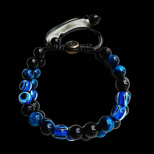 Image of Evil Eye Bracelet for Men Women - Triple Protection Bracelet - Tiger Eye and Black Obsidian Chakra Energy Healing Bracelet - 8mm Beads Good Luck Prosperity and Happiness Crystal Jewelry Stone