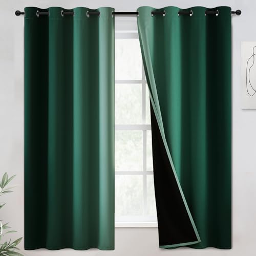 COSVIYA 100% Blackout Curtains & Drapes Drak Green Curtains 63 inches Long