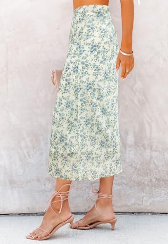 Image of HERBATOMIA Women's Floral Print Midi Skirt Casual High Elastic Waist Zipper Vintage Long Boho Skirts for Women