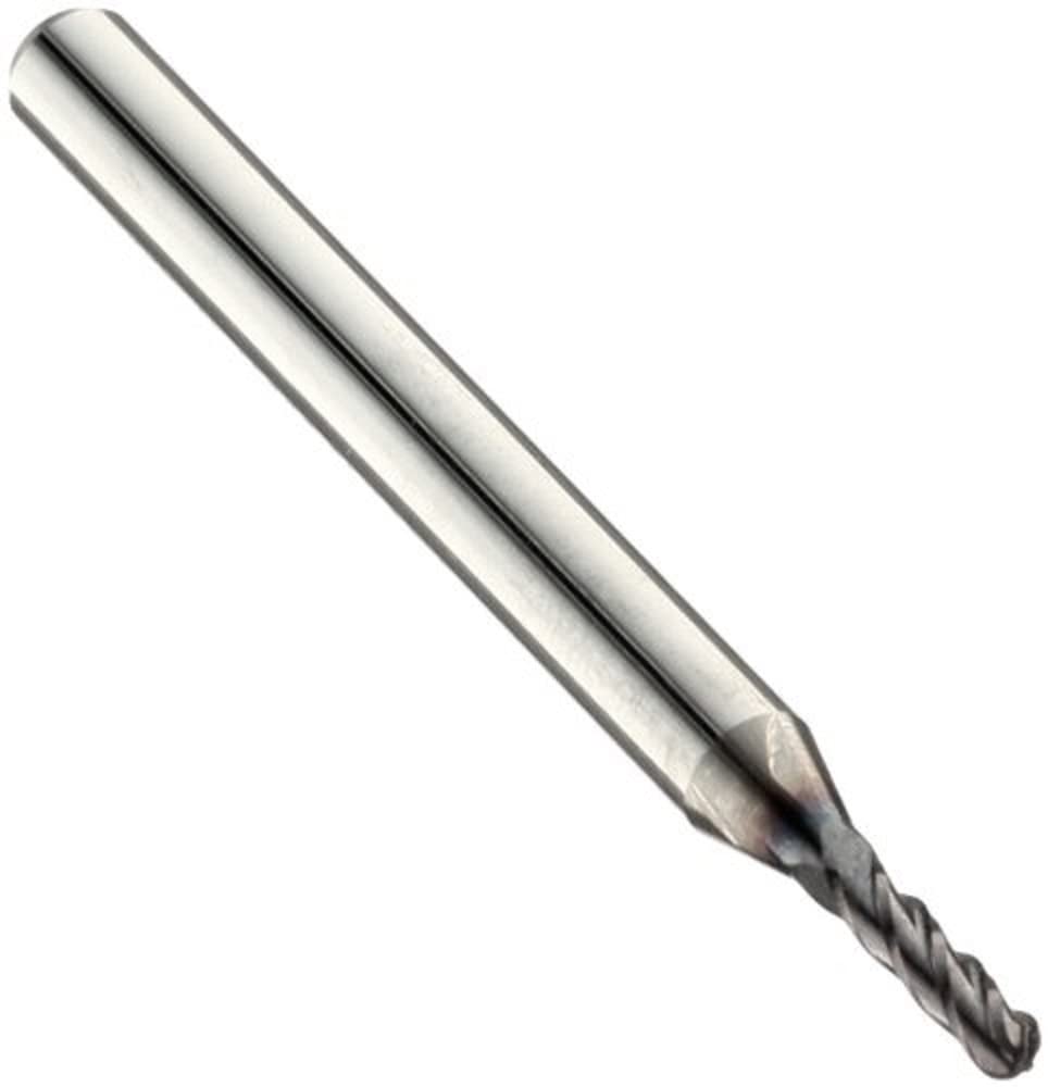 17006153 Carbide Ball Nose End Mill, Inch, TiAlN Finish, Roughing and Finishing Cut, 30 Degree Helix, 4 Flutes, 3' Overall Length, 0.500' Cutting Diameter, 0.500' Shank Diameter