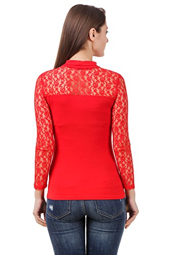 Image of LE BOURGEOIS Red Net Yoke Full Sleeve High Neck Top for Women