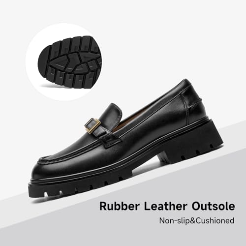 Image of BEAU TODAY Platform Loafers for Women,Chunky Loafers Women,Leather Comfortable Shoes,Lug Sole Metal Buckle Business Work Shoes Black