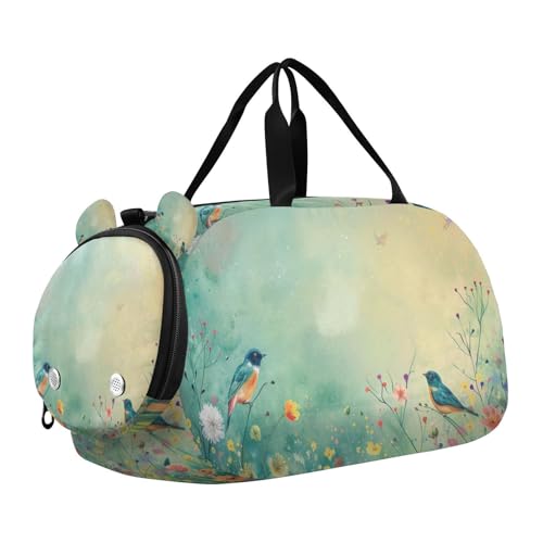 Duffle Bag for Boys or Girls with Shoes Compartment, Bird Wildflowers Emerald Green Sports Travel Bag Overnight