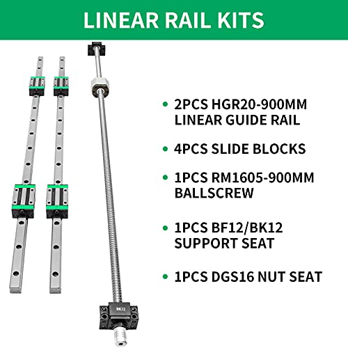 Pnbo Linear Rail 2Pcs Hgr20-900Mm Linear Rails And Bearings With 1Pcs Rm1605-900Mm Ballscrew With Bf12/Bk12 Kit Linear Motion Guides For Diy Cnc Routers Lathes Mills #TOP1