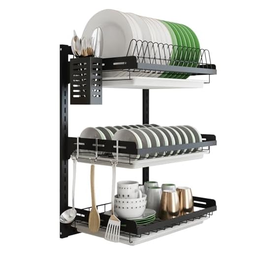 junyuan Hanging Dish Drying Rack Wall Mount,Dish Racks Drainer,3 Tier Kitchen Plate Organizer Storage Shelf with Drain Tray with 3 Hooks,Stainless Steel Black Coating (3 Tier, 21.8)