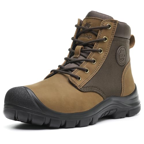 Epochsaga Mens Steel Toe Botas de trabajo de seguridad de la cabeza de cuero de vaca transpirable zapatos de la construcción (Marrón, Adulto, Hombre, 44, Números, Sistema tallas calzado EU, mediano)