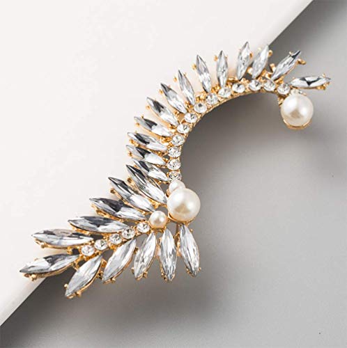 Gold Plated Crystal Leaf Climbers Crawler Jewelry Jacket Earrings Sparkly Zircon Pave Metal Right Ear Cuff Wrap Clip Stud Earring Climber Top Ear Clip For Women Girls 1 Pc (White + Pearl) #TOP4