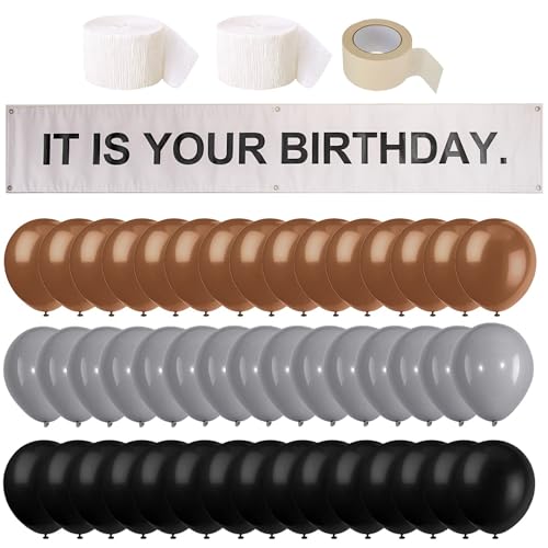 It is Your Birthday Banner, The Office Dwight Theme Husband Boyfriend Office Birthday Party Decorations, Brown Black Grey Balloons White Crepe Streamers and Tape, Office Parties, Retirement 49Pcs
