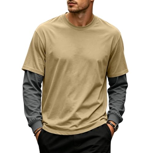 Long Sleeve Tshirts Shirts for Men Faux 2-Piece Pullover Tops