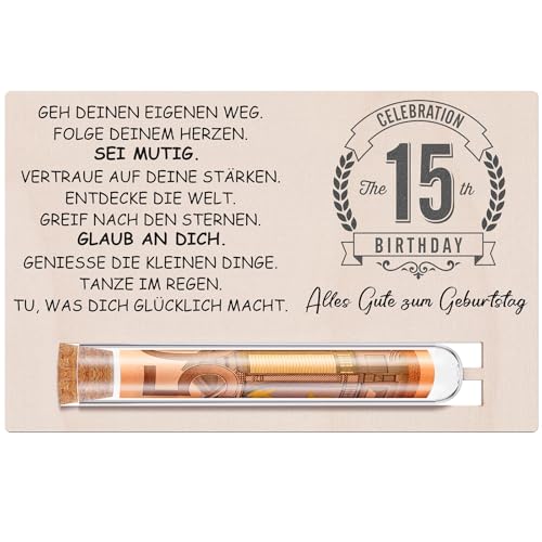 Otuuz Geldgeschenke Geschenke zum 15 Geburtstag für Jungen Mädchen Geschenkset Enthält Holzkarte zum Geburtstag und Reagenzglas Geburtstag Geld Gutschein Verpackung Geschenkverpackung