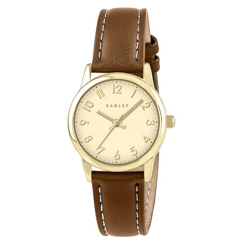 RADLEY Gold Plated Case Full Number Cognac Leather Strap Watch RY21902