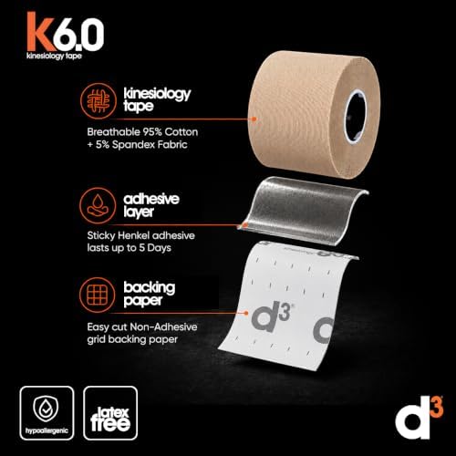 d3 K6.0 Kinesiology Tape 2in x 20Ft β Beige Athletic Tape for Joint Support, Pain Relief & Muscle Recovery | Water Resistant & Hypoallergenic for Knee, Shoulder & Back β Uncut Roll - 3