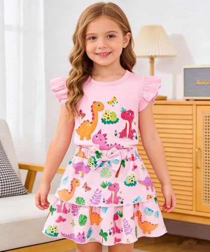Image of Girls Skirt Set 2 Piece Outfit Toddler Summer Clothes Ruffle Sleeve T-Shirt Bow Knot Tutu Skirt Outfit Set