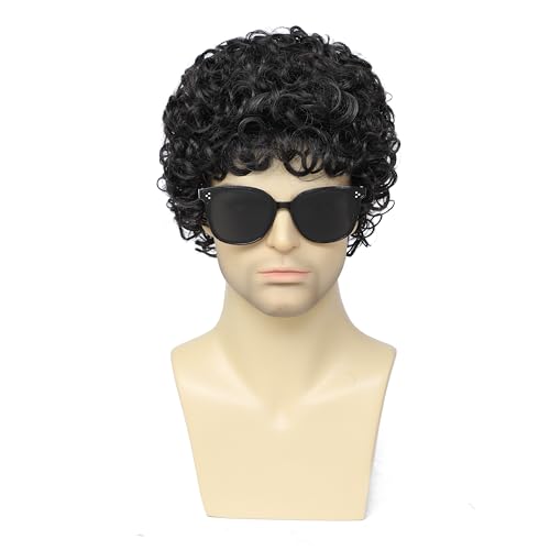 Airhostess Mens Short Afro Curly Wig for Male,70s 80s Disco Guy Rocker?Halloween Cosplay Fancy Wigs for Daily Party Costume (black)
