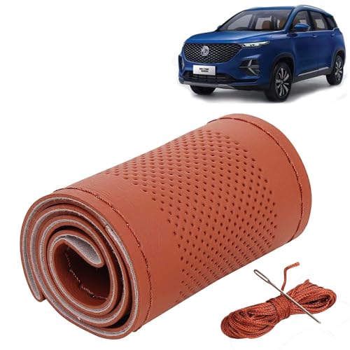 Image of KINGSWAY PU Leatherite Car Steering Cover Sewable Compatible with Morris Garages (MG) Hector Plus (Year 2020 Onwards), Tan Color with Tan Thread, Pack of 1 with Sewing Needle and Thread