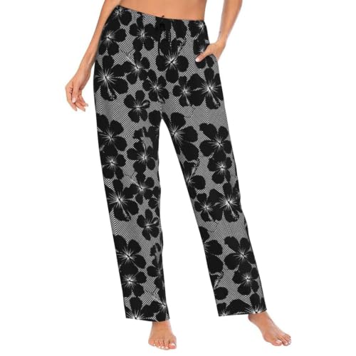 PrelerDIY Large Black Hibiscus Flower Black And White Checkerboard Women Comfy Pajama Pants Stretch Sleepwear Lounge Pants With Pockets & Drawstring X-Large