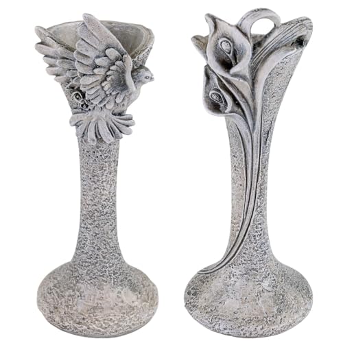 Matches21 Lot de 2 vases funéraires avec colombe et fleurs – Vases de cimetière étroits pour arrangements funéraires Ø 6 x 17 cm – Résistant aux intempéries