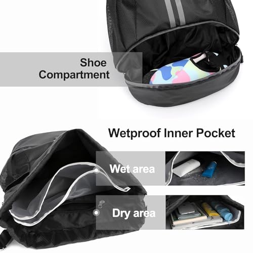 Sports Drawstring Backpack - String Swim Gym Bag with Shoes Compartment and Wet Proof Pocket for Women&Men， Pull String Sport Bag for Soccer and Basketball. (Black)
