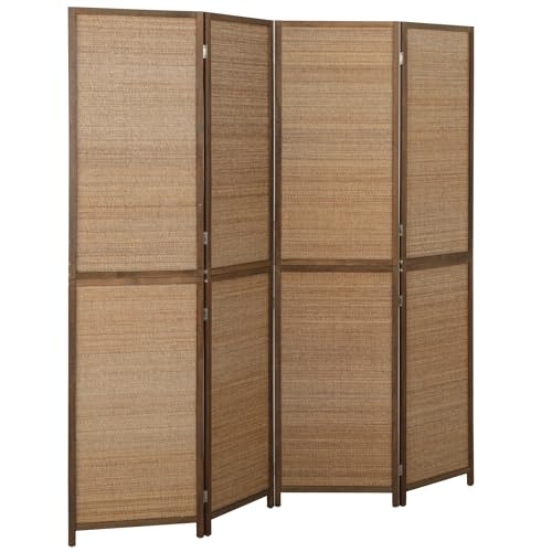 HOMCOM Room Divider, 6 FT Tall Folding Privacy Screen, 4 Panel Hand-Woven Bamboo Wall Partition for Room Separation, Portable Boho Freestanding Wall Divider for Bedroom, Home Office, Brown