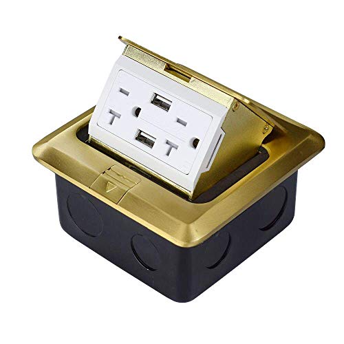 Groto Pop Up Floor Outlet Covers Box, Pop-Up Power Box Kit W/20A Duplex Receptacle And 2 Usb Charging Ports, Watertight Gasket, Corrosive Resistant Hardware, Brass #TOP15