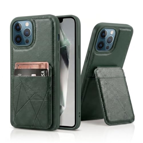 Image of amazon basics Premium Vegan Leather Back Cover with Card Holder and Integrated Mobile Stand for iPhone 12 Pro Max - Slim Shockproof Wallet Case with Geometric Stitching [Green]