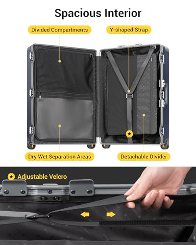 Image of LEVEL8 Zipperless Large Suitcase with Wheels Checked Luggage 28 Inch, Aluminum Frame Suitcase Hard Shell Luggage with Tsa Locks, Blue