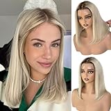 Dichte 200% Perücke Echthaar Aschblond mit hellbraunen Ansätzen 13x4x1 Spitzenfront Perücken aus 100% Remy EchthaarLänge 30 cm für Blond Perücke Damen Alltag Party Chemotherapie Human Hair Wigs